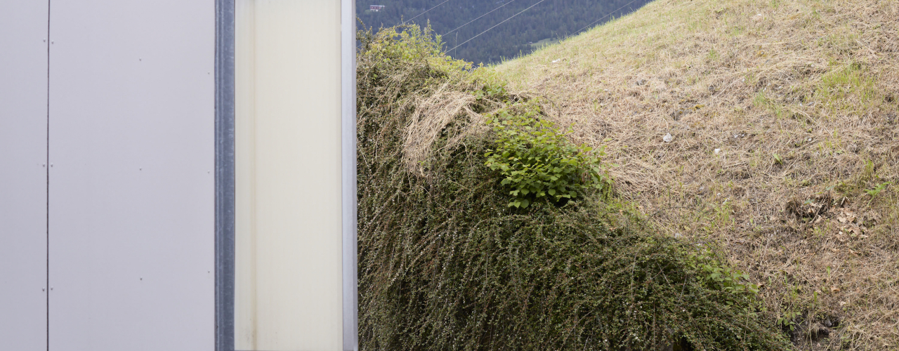 Image section of the view of a billboard on a prefab building with the motif of a dried-up meadow and bushes in a hilly landscape