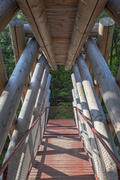 Standing on the bridge in the middle, the view leads through the end of the bridgehead to the park opposite