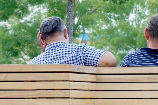 Two middle-aged men sitting on a wooden bench together, photographed from behind. Trees can be seen in the foreground and background.