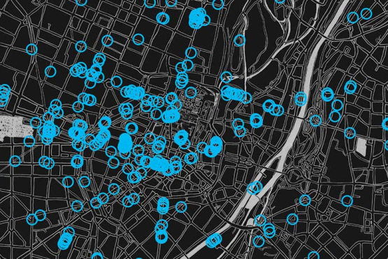 Unter www.memoryloops.net erscheint die Startseite des virtuellen Denkmals Memory Loops. 300 Tonspuren (markiert als blaue Kreise auf einem skizzierten Stadtplan Münchens) zu Orten des NS-Terrors in München sind dort anklickbar und hörbar.