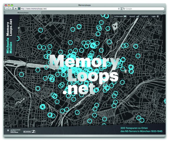 Unter www.memoryloops.net erscheint die Startseite des virtuellen Denkmals Memory Loops. 300 Tonspuren (markiert als blaue Kreise auf einem skizzierten Stadtplan Münchens) zu Orten des NS-Terrors in München sind dort anklickbar und hörbar.