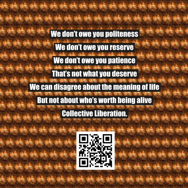 vor dem Hintergrund eines immer wiederkehrenden Motivs, eines brennenden Hauses, ist folgender Text zu lesen: 'we don't owe you politeness / we don't owe you reserve / we don't oew you patience / that's not what you deserve / we can disagree about the meaning of life / but not about who's worth being alive / collective liberation'. Unten mittig ein QR Code welcher auf wut.mako.social leitet wo vier Gespräche mit weiteren künstlerischen Positionen zu hören sind