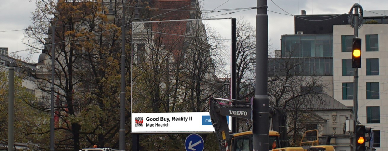 View of the billboard in front of trees and a historic house façade. The motif on the billboard exactly complements the section of the picture that is covered by the billboard, so that it seems as if one is looking through it.