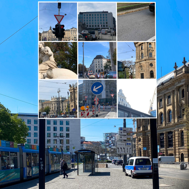 Frontal view of the billboard against a bright blue sky with the Captcha motif by Milen Till. It shows, as usual with a captcha, nine square image tiles with motif cutouts from the surroundings of the billboard