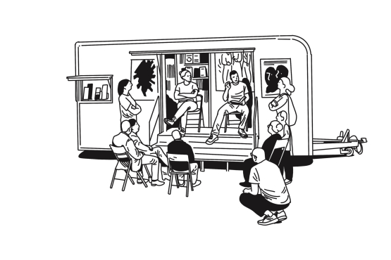 Black and white image of the visualization of the meeting place in the form of a converted caravan with library