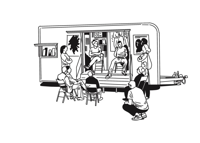 Black and white image of the visualization of the meeting place in the form of a converted caravan with library