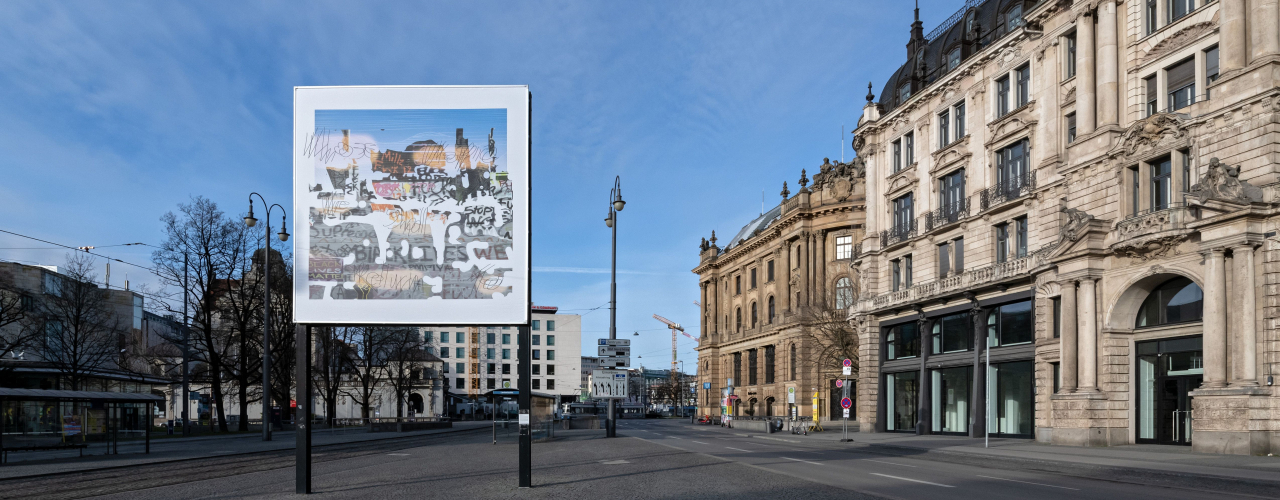 Frontal view of the billboard. Above a colorful collage of image, word and sign appears barely legible the phrase "Whose Utopia we shall return to".