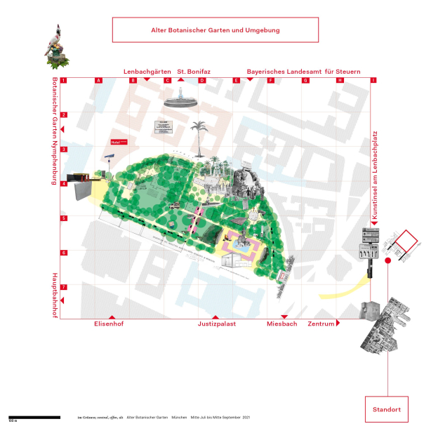 Motif on the billboard side facing towards the city center. Picture shows a plan of the Old Botanical Garden and the surrounding area, situating the Old Botanical Garden in the cityscape.