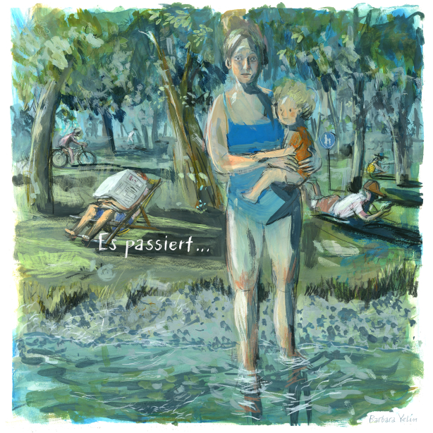 The motif shows a woman in a swimming costume with a child on her arm standing in a bathing lake. In the background, several people can be seen lying on a meadow under trees. The text "Es passiert" ("It happens") appears in the centre of the picture.
