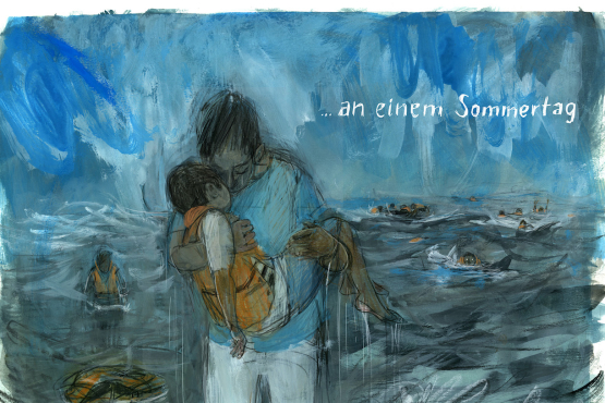 The motif shows a man carrying a child in a life jacket in his arms out of the wavy sea and leaning down to him sadly. In the background appears a churning sea in which people in life jackets are trying to stay afloat in the waves and crying for help. On the right of the picture appears the text "...on a summer's day".