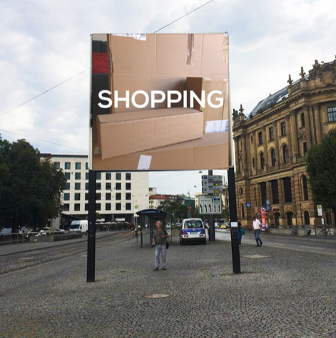 Frontal view of the billboard. The motif shows a photo of shipping boxes of various sizes stacked on top of each other.