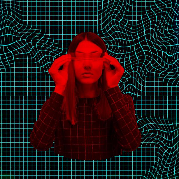 The motif shows the torso of a woman wearing smart glasses. The background is a black and green grid.