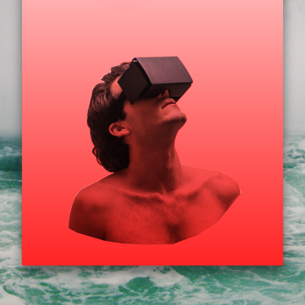 The motif shows a red square over an image of a turbulent sea. On the red background is the torso of a man wearing VR glasses looking up at the sky.
