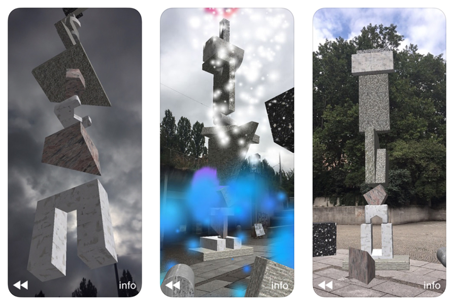 Three stills from the augmented reality installation "Stack Overflow". Simulated geometric concrete shapes pile up in stacks against the backdrop of the Forum Münchner Freiheit.