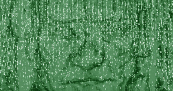 Auf grünem Hintergrund erscheint undeutlich das Gesicht eines Mannes, davor laufen Reihen von weißem binären Computercode.