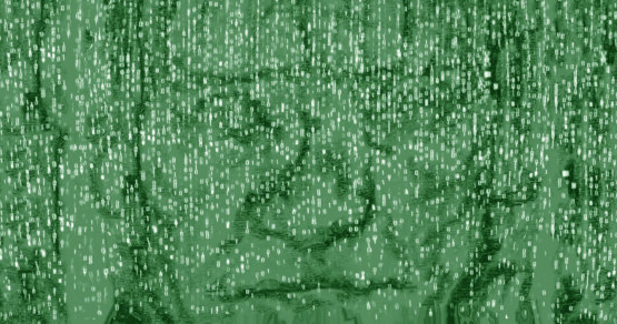 The face of a man appears indistinctly on a green background, with rows of white binary computer code running in front of it.