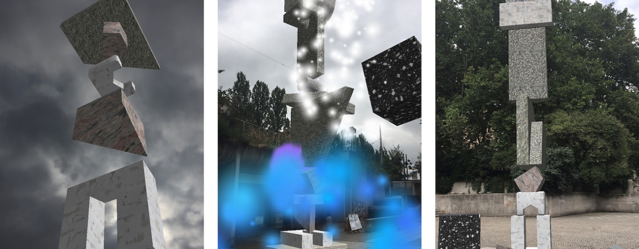 Three stills from the augmented reality installation "Stack Overflow". Simulated geometric concrete shapes pile up in stacks against the backdrop of the Forum Münchner Freiheit.