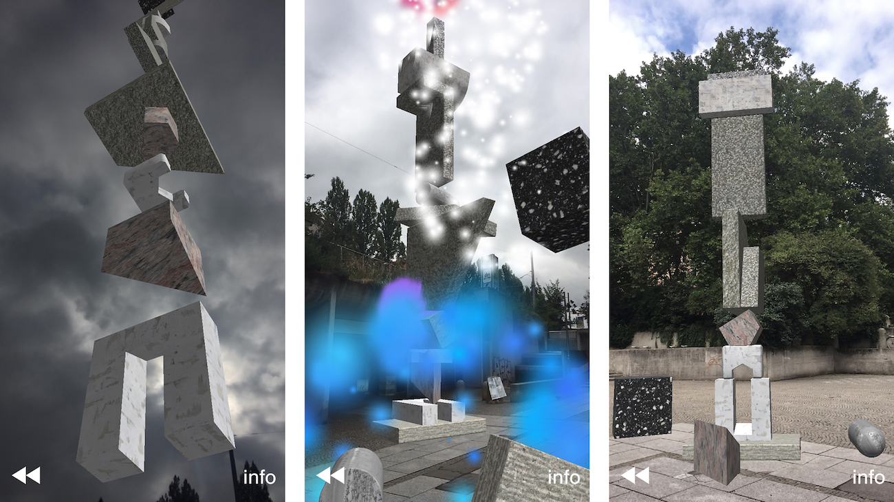 Drei Standbilder aus der Augmented Reality-Installation "Stack Overflow". Vor dem Hintergrund des Forum Münchner Freiheit türmen sich simulierte geometrische Betonformen zu Stapeln auf.