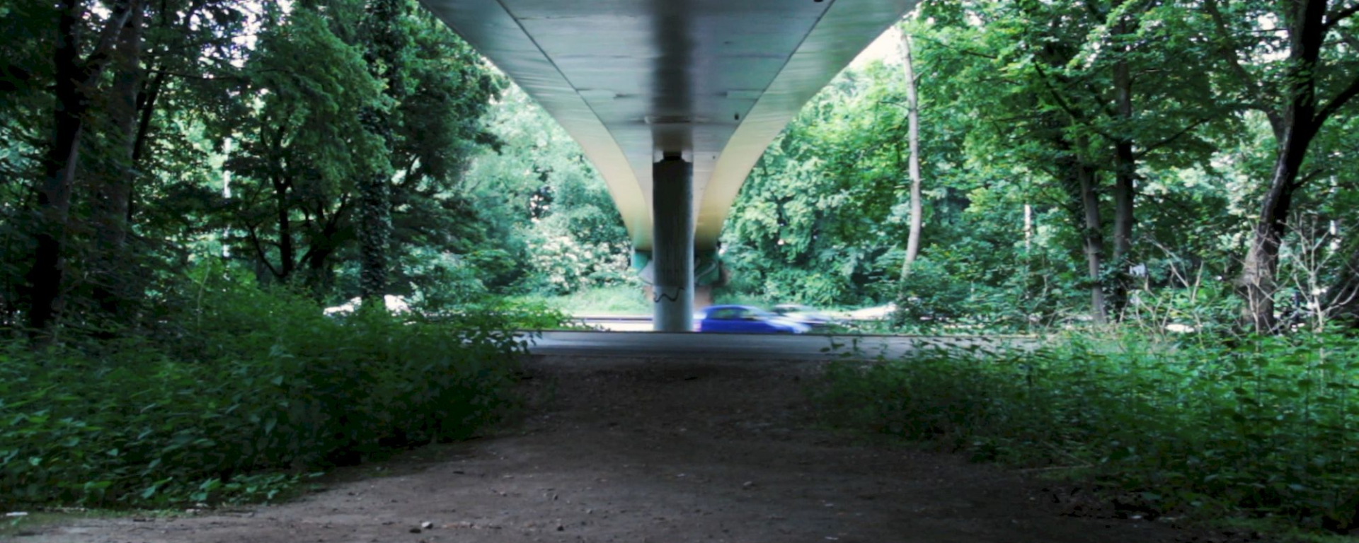 Screenshot des Videos "Hors Champ". Verwilderter Ort mit Gestrüpp und Bäumen unter einer Brücke, von dem man auf eine Schnellstraße mit vorbeifahrenden Autos blickt.