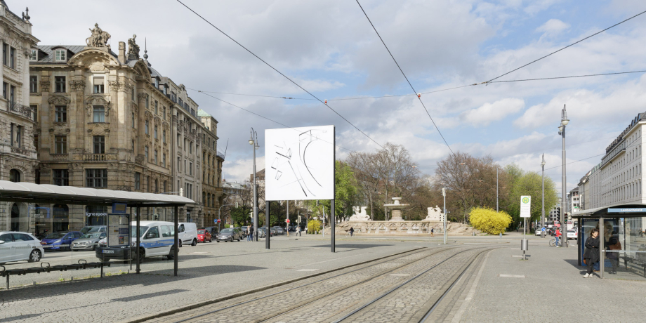 Diagonal view of Lenbachplatz facing out of the city. The billboard shows an ink drawing in black and white with geometric and curved shapes and lines.