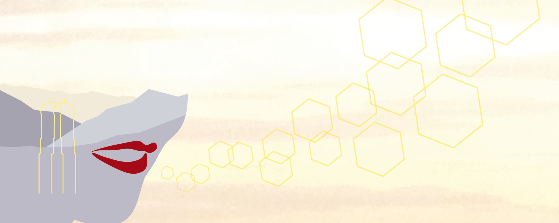 Rectangular image with what appears to be computer-generated content. On a yellow-pink background reminiscent of a sunrise sky, the lower half of a woman's face appears in grey with bright red lips. Hints of long gold earrings hang from invisible ears. Golden pentagons, like speech bubbles, protrude from the woman's mouth.