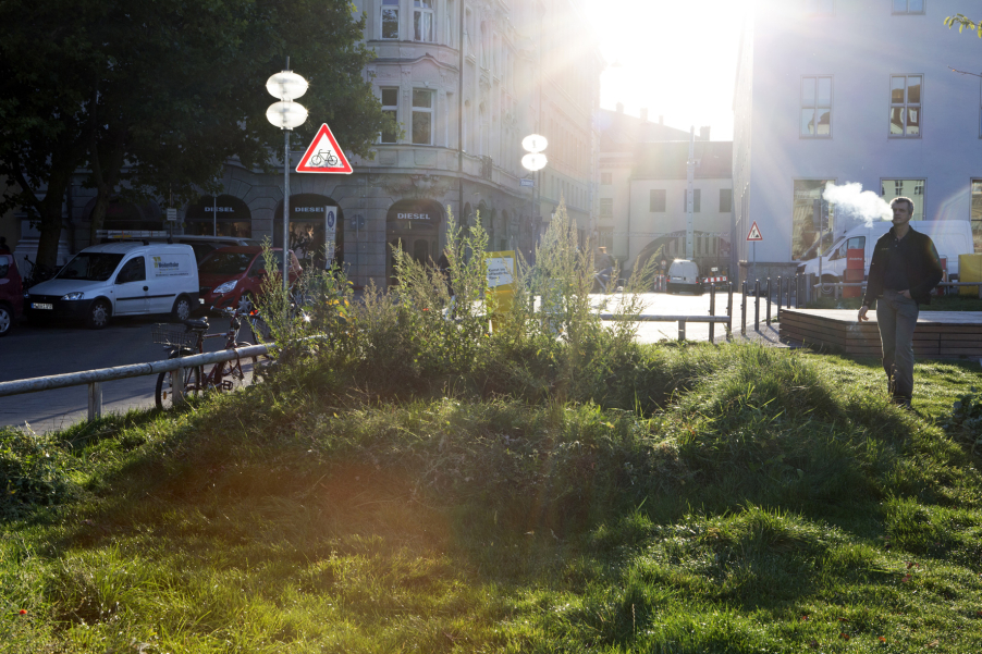 Photograph of part of an installation by artist Martin Schmidt. The artist has modelled a crater landscape on an approx. 7 m wide strip of grass on the northern edge of the Marienhof using heaped up and excavated earth. The photograph shows one of these craters, which is overgrown with grass and wild plants. The artist is standing next to the crater, with Dienerstrasse in Munich city centre in the background.