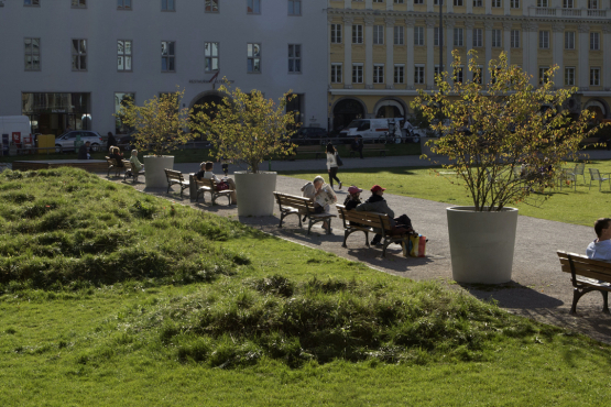 Photograph of an installation by the artist Martin Schmidt. The artist has modelled a crater landscape on an approx. 7 m wide strip of grass on the northern edge of the Marienhof using heaped up and excavated earth. The various craters are overgrown with grass. Benches can be seen on one side of the strip, with plant pots with trees in between. On the other side of the strip, bicycles are leaning against a wooden railing. The houses on Dienerstrasse can be seen in the background.