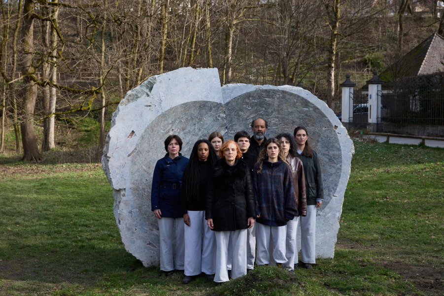 Nine people are standing on a grassy area in front of a large grayish stone with a concave hollow, with many trees in the background