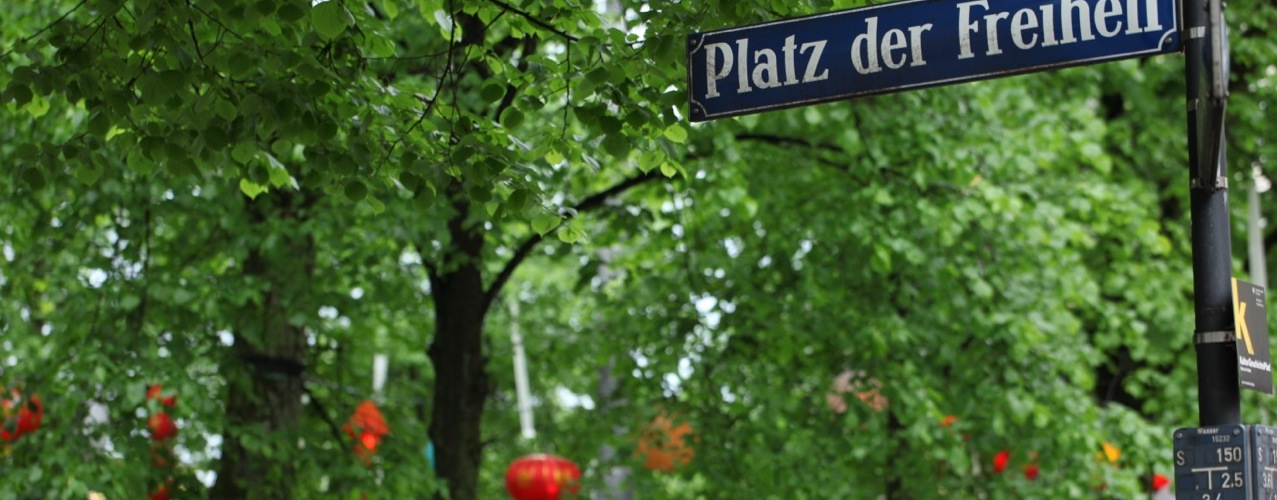 Fotografie der Bäume am Platz der Freiheit in München-Neuhausen. Im Bildvordergrund zu sehen das blaue Straßenschild mit "Platz der Freiheit". Dahinter die Bäume, in denen bunte leuchtende Lampions hängen.