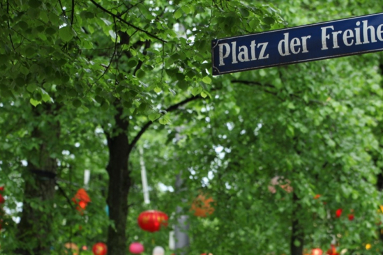 Photograph of the trees at Platz der Freiheit in Munich-Neuhausen. The blue street sign with "Platz der Freiheit" can be seen in the foreground. Behind it are the trees with brightly coloured lanterns hanging from them.