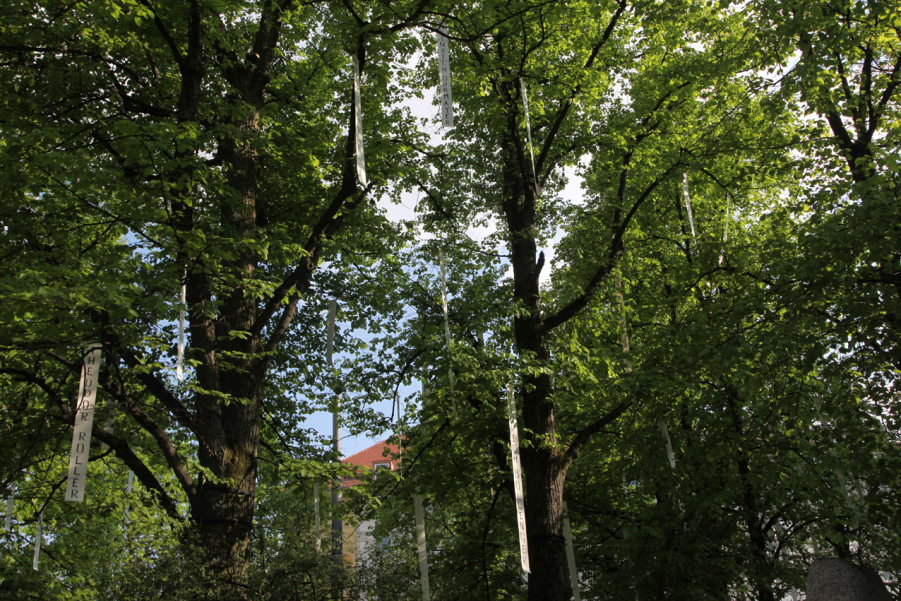 Fotografie der Bäume am Platz der Freiheit in München-Neuhausen. In den Baumkronen hängen weiße lange Banner mit Namen von Münchner Widerstandskämpfer*innen in schwarzen Großbuchstaben.