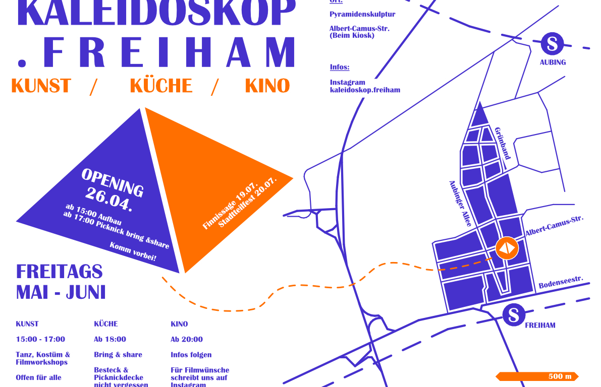 Flyer des Projekts mit dem Titel und Infos zu den Terminen und ein kleiner Lageplan. Auf weißem Grund in dunkelblau und orange