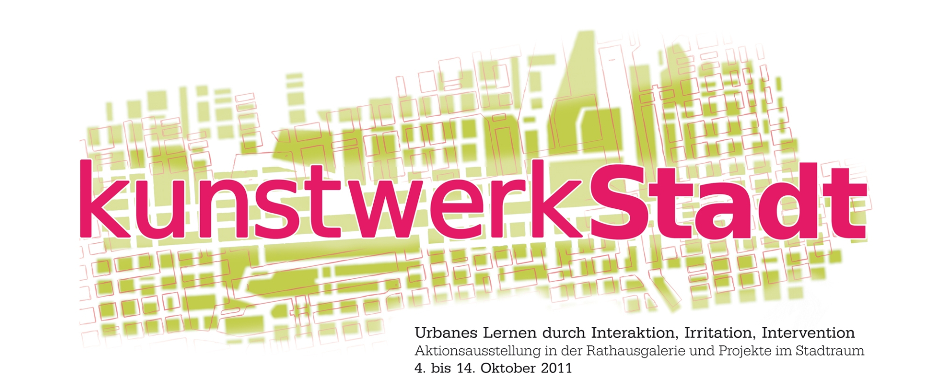 Logo der Aktionsausstellung "kunstwerkStadt". Über einer grün gefärbten Katasterkarte steht in magentafarbener Schrift der Titel der Ausstellung. Darunter noch der Untertitel: "Urbanes Lernen durch Interaktion, Irritation, Intervention. Aktionsausstellung in der Rathausgalerie und Projekte im Stadtraum 4. bis 14. Oktober 2011"