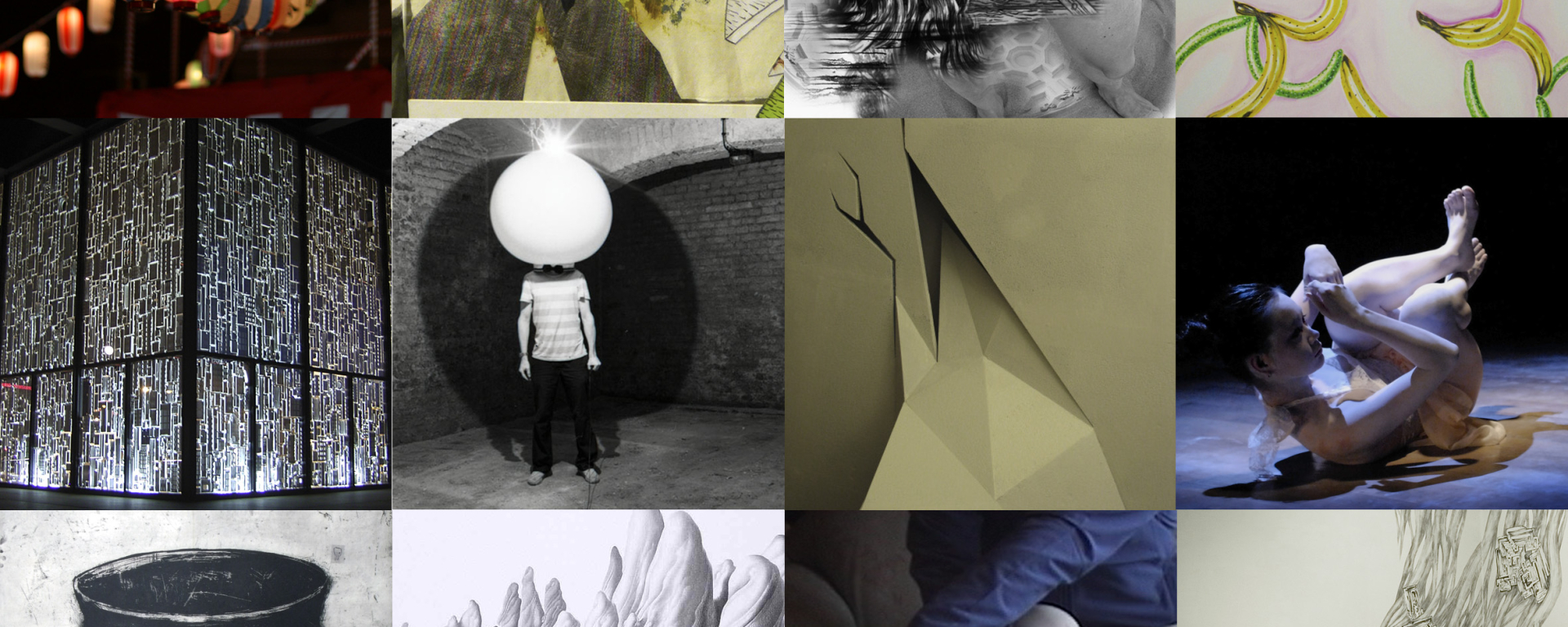 Collage aus verschiedenen Bildmotiven. Jeweils vier quadratische Bilder stehen in drei Reihen untereinander. Die Bilder zeigen Ausschnitte von Gemälden, Performances und Installationen unterschiedlicher Künstler*innen.