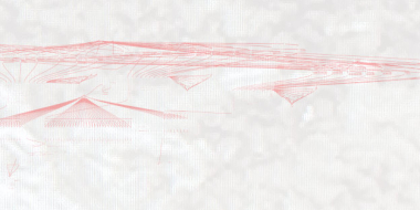 Fine red lines form an abstract, floating shape on a light background. The drawing appears technical and light.
