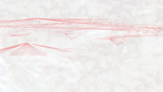 Fine red lines form an abstract, floating shape on a light background. The drawing appears technical and light.