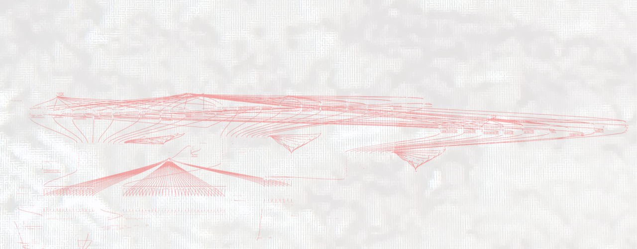 Fine red lines form an abstract, floating shape on a light background. The drawing appears technical and light.