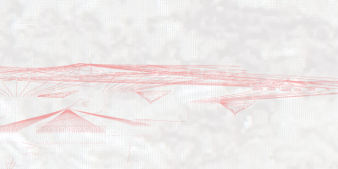 Fine red lines form an abstract, floating shape on a light background. The drawing appears technical and light.