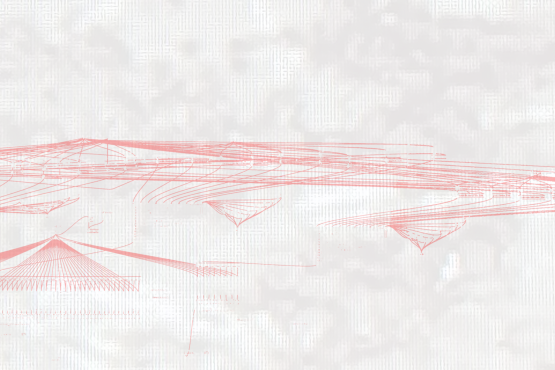 Fine red lines form an abstract, floating shape on a light background. The drawing appears technical and light.