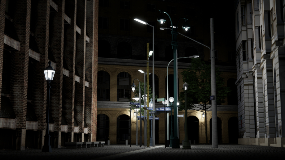 Verschiedene beleuchtete Straßenlaternen stehen inmitten von großen Gebäuden. An den Laternen befinden sich blaue Straßenschilder