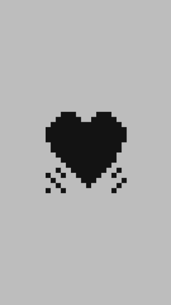 Schwarzes Pixel-Herz im 8-Bit-Stil mit schwebenden Partikeln auf grauem Hintergrund.