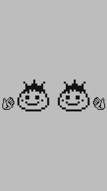 Two pixelated character heads in 8-bit style with diamond symbols, in black and white on a gray background.