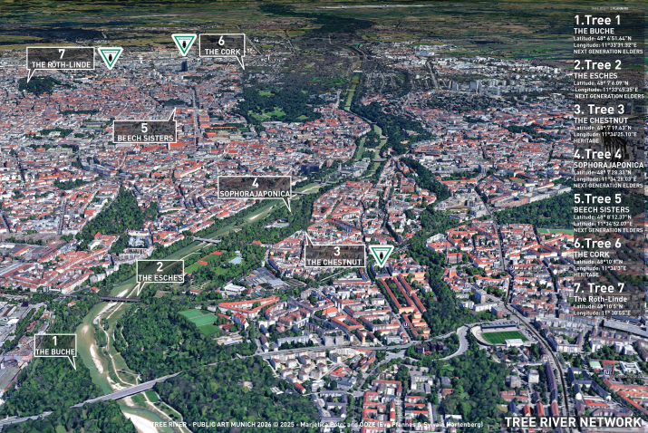Luftbild-Übersichtsplan von München mit beschrifteten Baumstandorten, die sieben historische Bäume im Stadtgebiet vernetzen (Tree River Network).