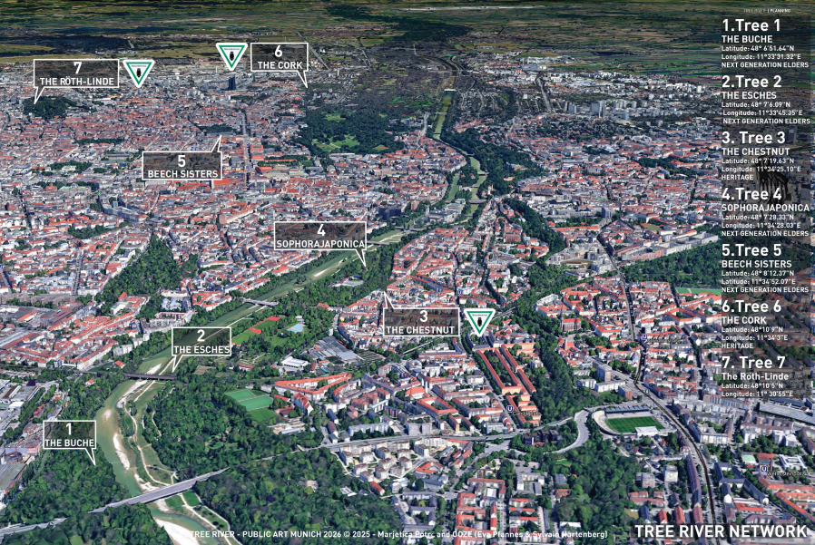 Luftbild-Übersichtsplan von München mit beschrifteten Baumstandorten, die sieben historische Bäume im Stadtgebiet vernetzen (Tree River Network).
