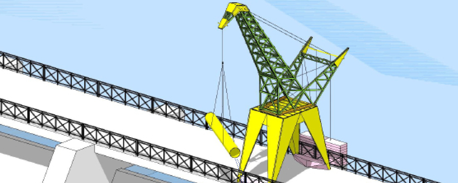 Eine Zeichnung zeigt eine Brücke über einen Fluss. Auf der Brücke steht ein großer Kran. Der Kran lässt ein Rohr ins Wasser hinunter. Eine Person steht auf der Brücke.