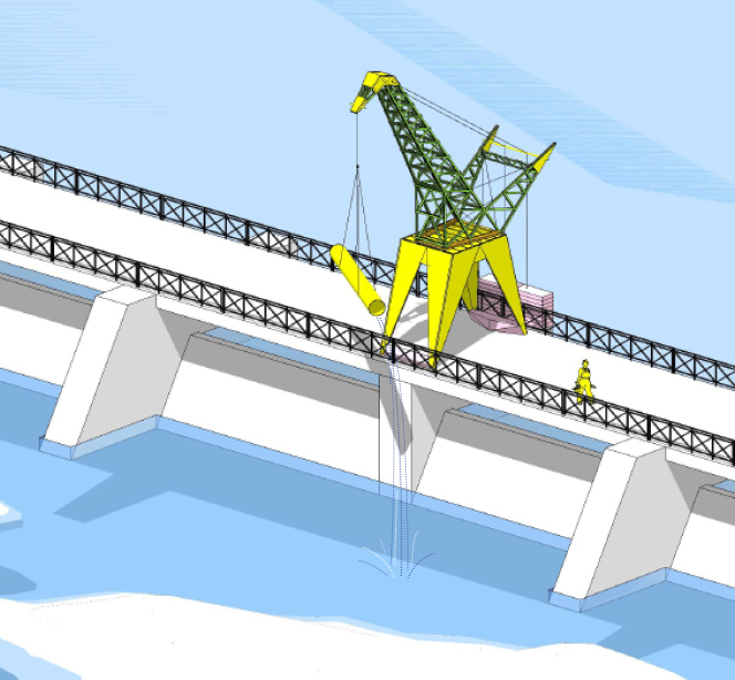 Eine Zeichnung zeigt eine Brücke über einen Fluss. Auf der Brücke steht ein großer Kran. Der Kran lässt ein Rohr ins Wasser hinunter. Eine Person steht auf der Brücke.