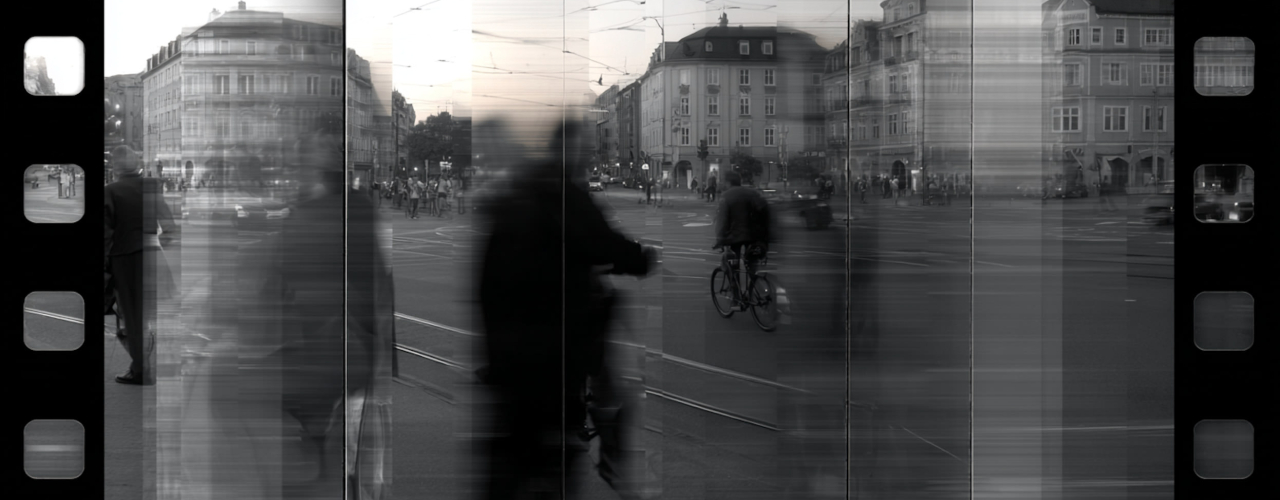 Schwarz-Weiß-Foto auf einem Filmstreifen: Verschwommene Menschen und ein Fahrradfahrer auf einem belebten Stadtplatz mit alten Gebäuden.