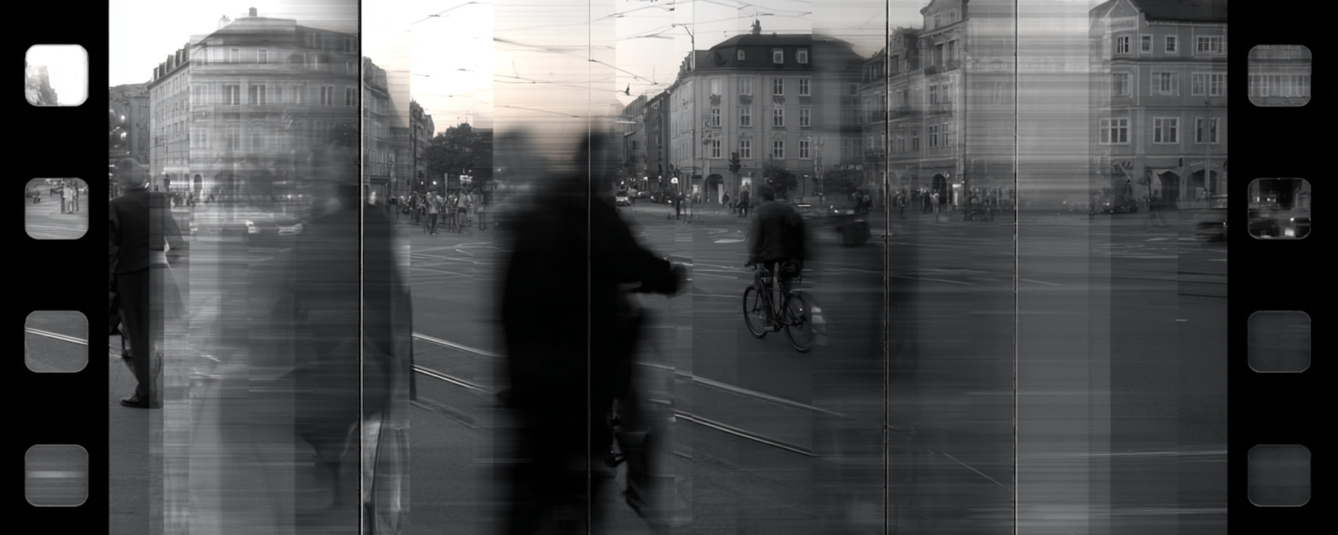 Schwarz-Weiß-Foto auf einem Filmstreifen: Verschwommene Menschen und ein Fahrradfahrer auf einem belebten Stadtplatz mit alten Gebäuden.