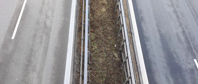 Blick von oben auf einen Straßenmittelstreifen mit Leitplanke und spärlicher Bepflanzung zwischen zwei Fahrspuren.