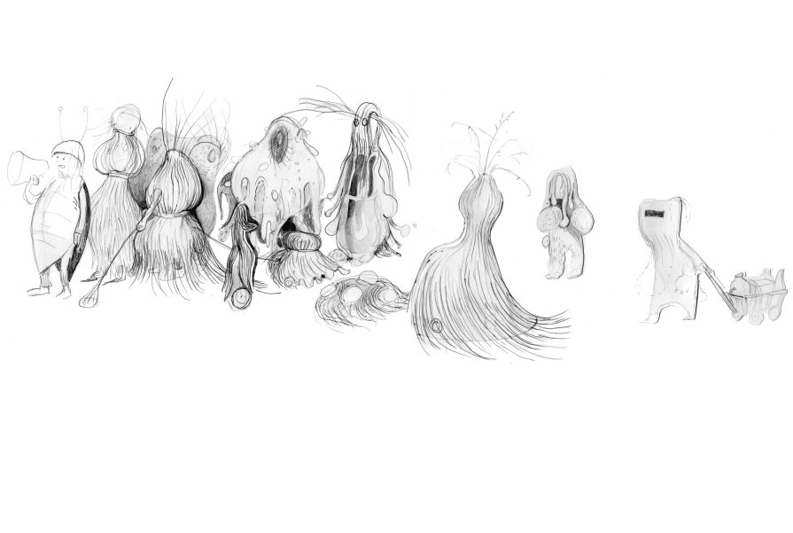 Bleistiftskizze mit fantastischen, pflanzlich-tierischen Mischwesen in verschiedenen Formen und Größen.